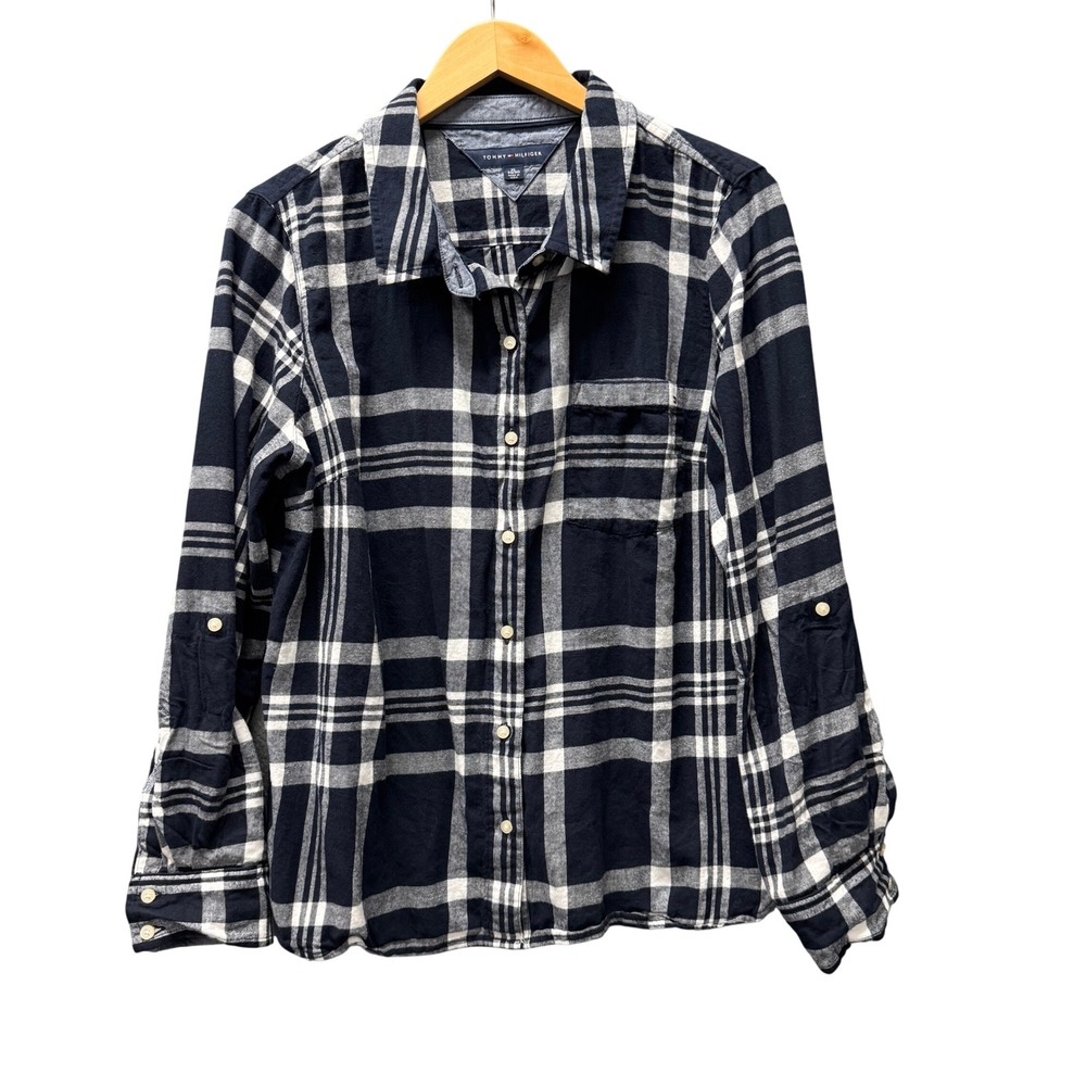 Tommy Hilfiger Button Up Shirt Womens XL Plaid Navy Blue Casual Roll Tab Sleeves